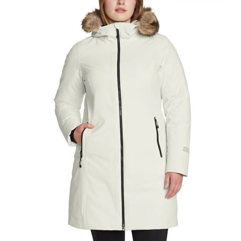 Eddie Bauer Women's L Down Parka Coat With Faux Fur Hood Cream JCK0196